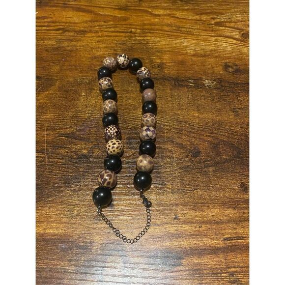 Boho Tribal Wood & Black Bead Statement Necklace Adjustable Chain Earth Tones 22 - Picture 2 of 3